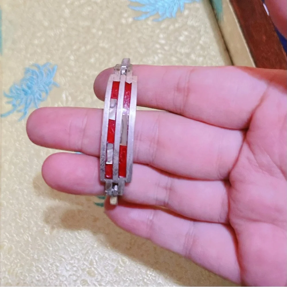 Sterling Silver Mother of Pearl Red Enamel Bangle Bracelet - 925 Mexico